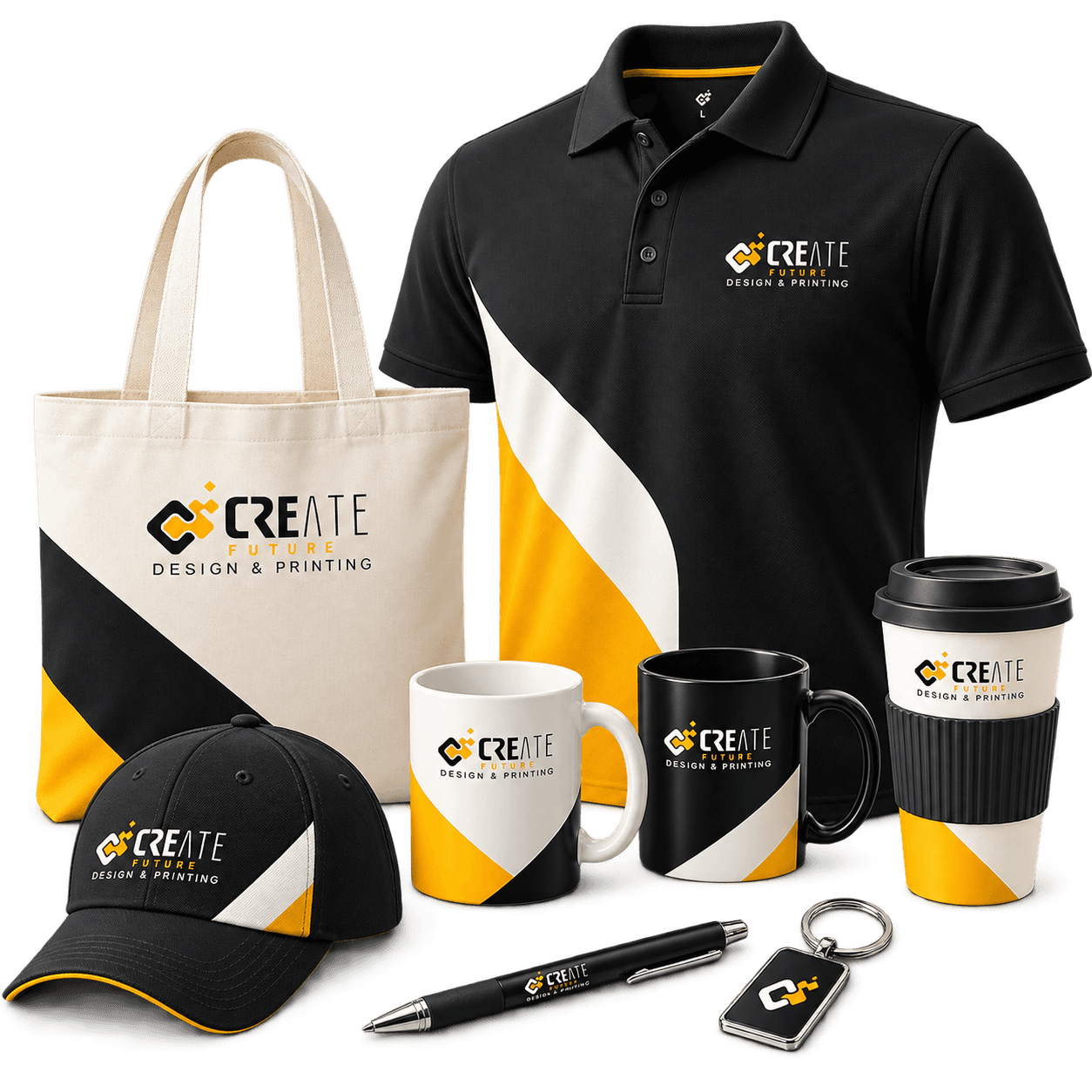 Create Future polo shirt, tote bag, cap, mugs, travel cup, pen, and keychain