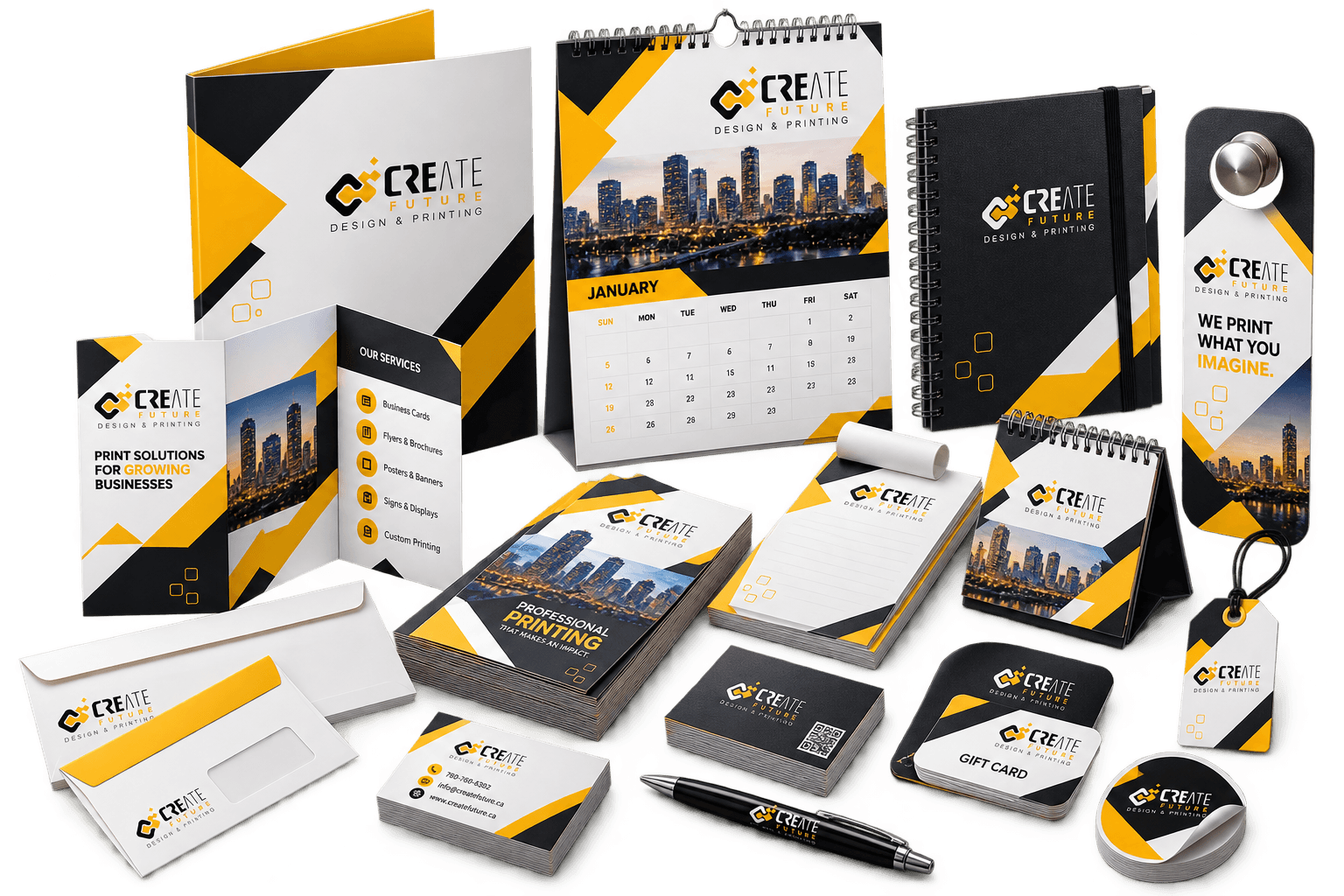 Create Future folders, calendars, notebooks, brochures, business cards, and stationery