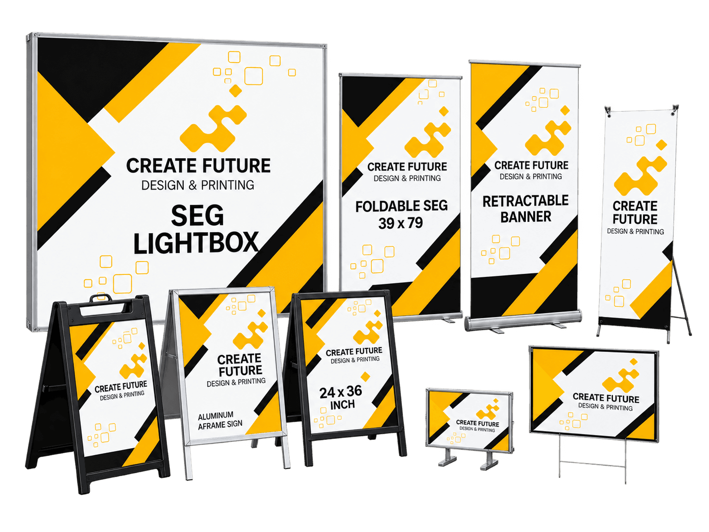 Create Future SEG lightbox, retractable banners, A-frame signs, and display signs