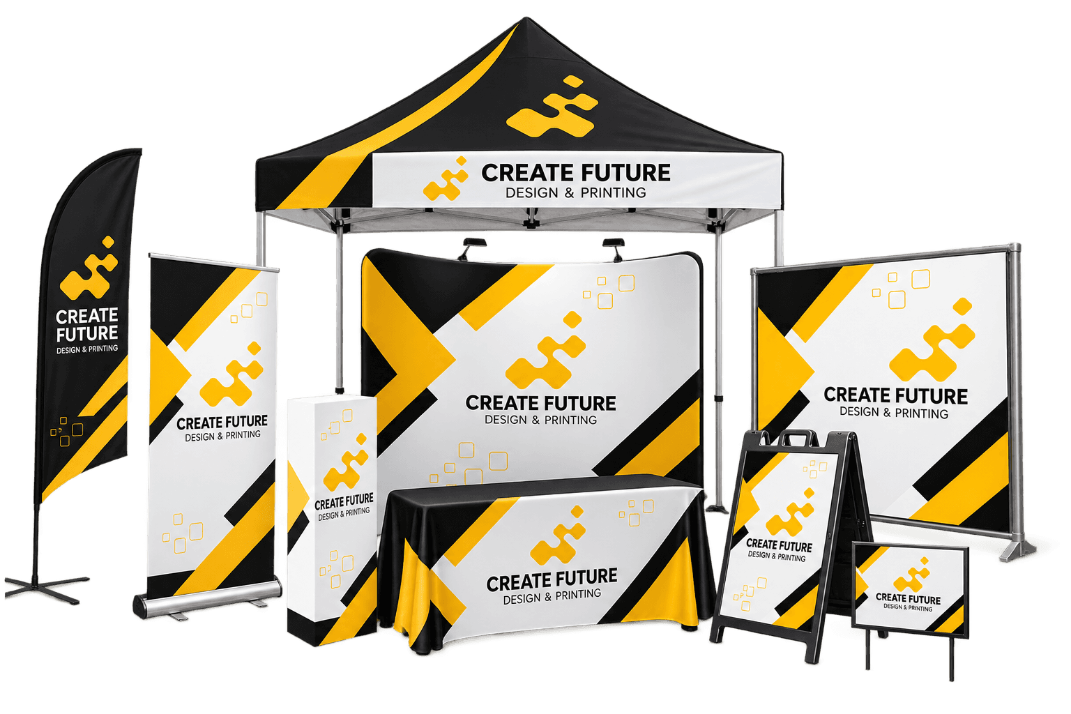 Create Future event tent, backdrops, table, retractable banner, feather flag, and display signs