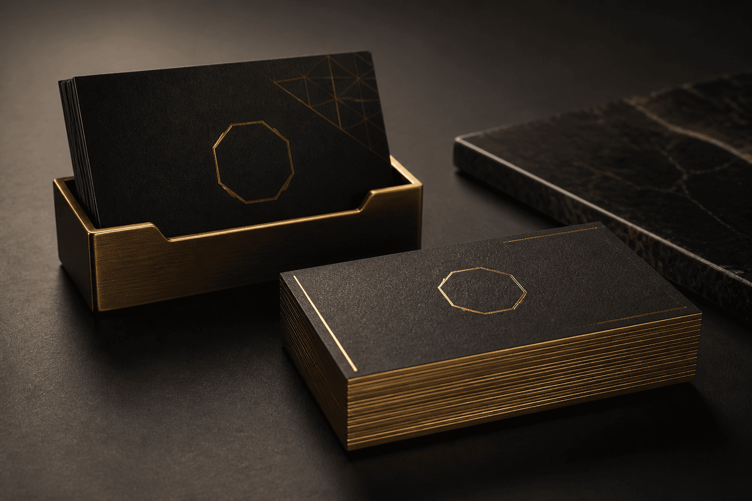 Premium business cards arranged on a bright studio surface