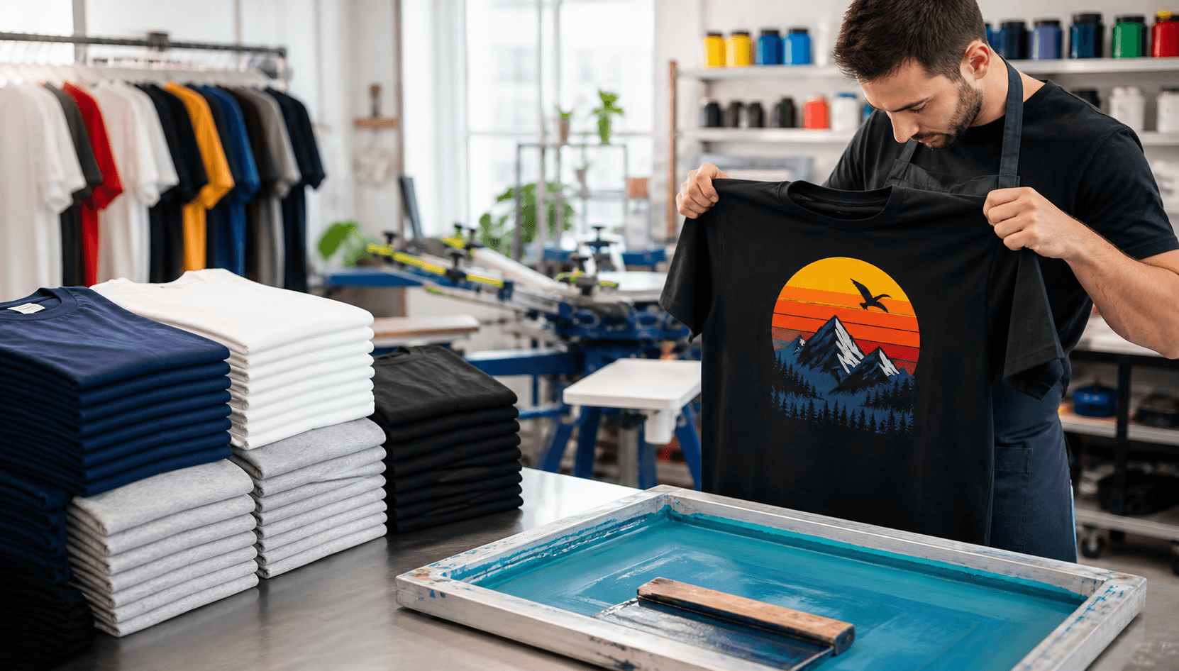 Custom printed apparel arranged in a studio
