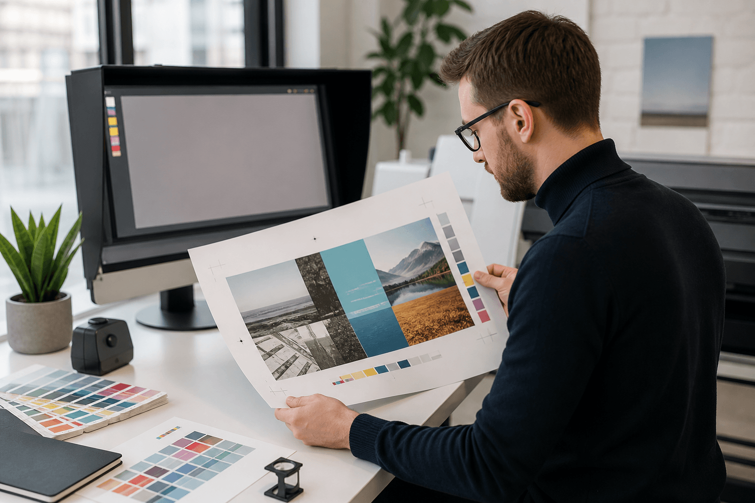 Designer reviewing print-ready artwork at a production desk