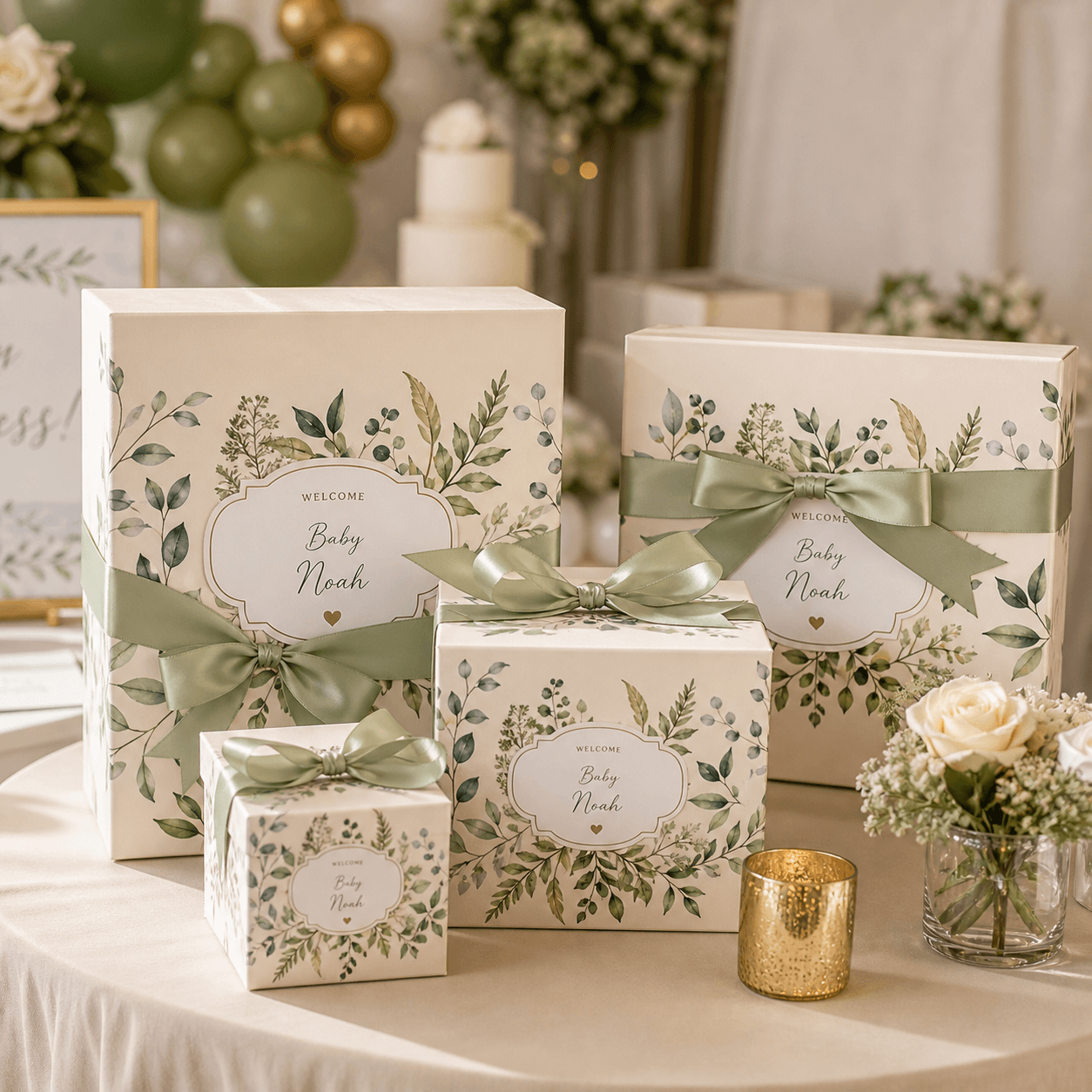 Custom Baby Shower Gift Boxes photorealistic celebration product mockup 1