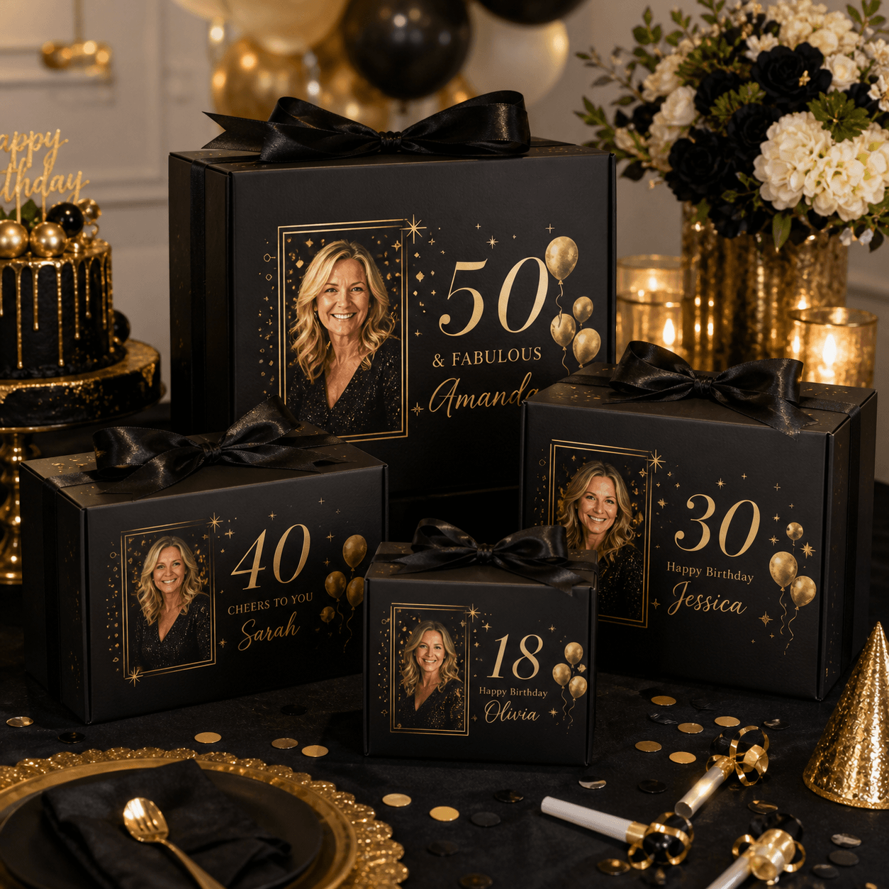 Custom Birthday Gift Boxes photorealistic celebration product mockup 1