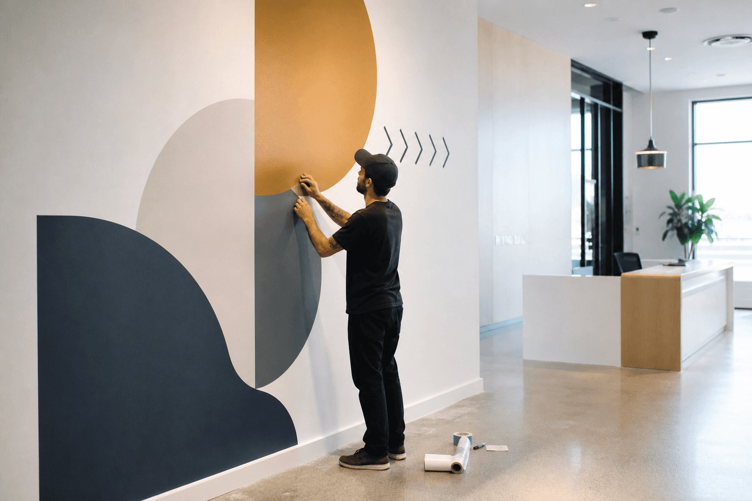 Large-format wall graphics in a modern business interior