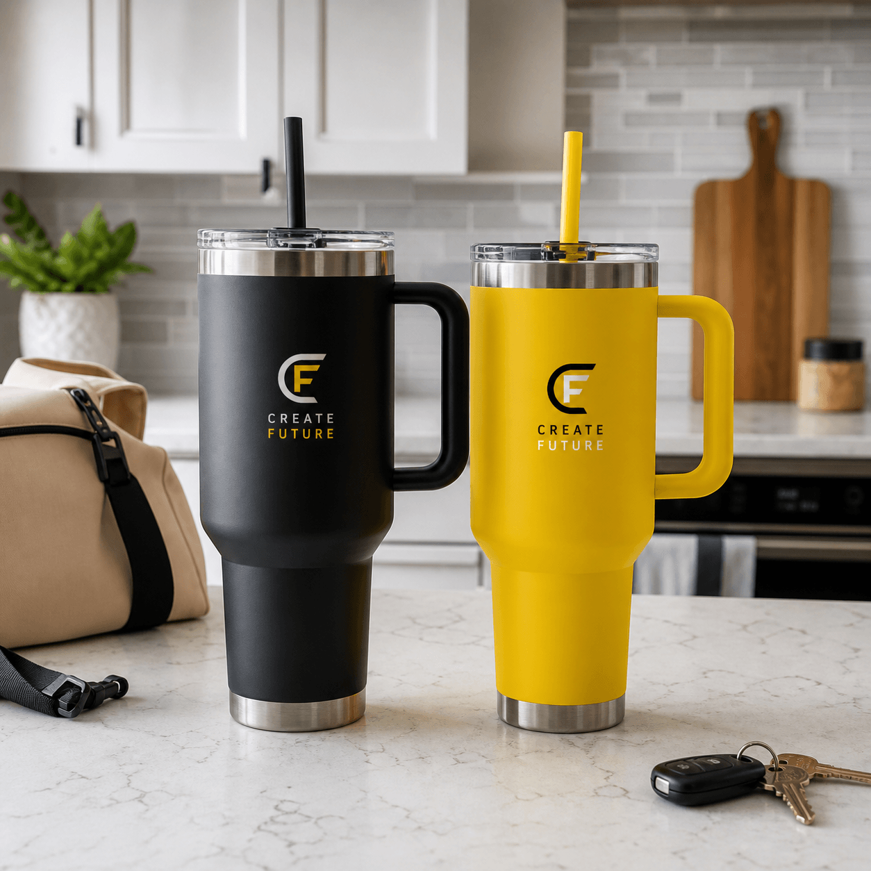 Custom Large Travel Tumblers photorealistic promotional product mockup 1